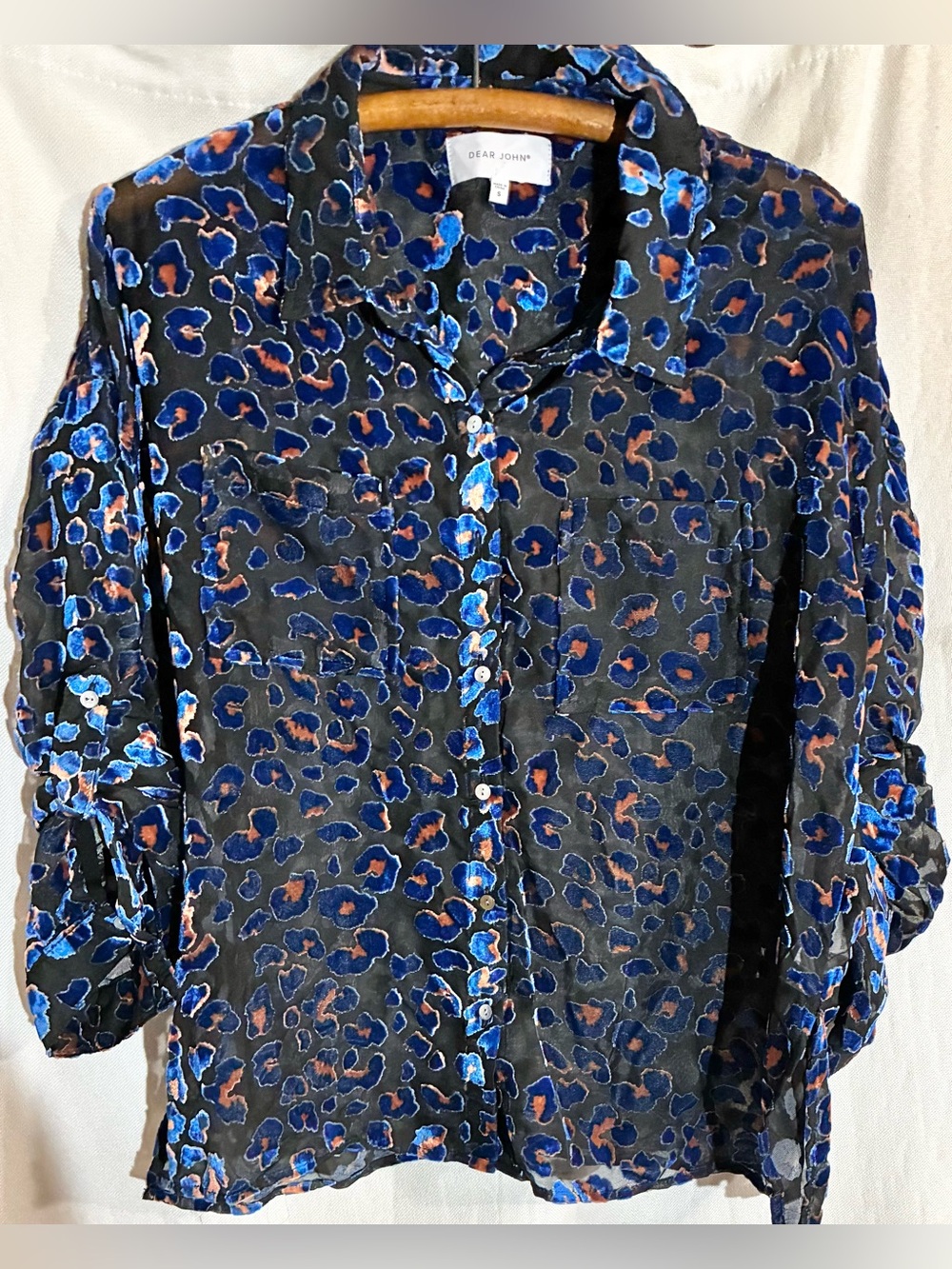 Dear John Burn Out Velvet Blouse Sz S Roll Tab Slvs Semi Sheer Blue Button Up